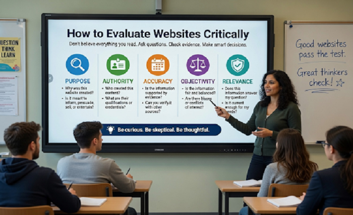 A classroom full of students looking at a big screen where a teacher is teaching them how to evaluate a website critically.