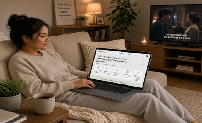 a woman sitting home browsing on her computer while relaxing on a sofa with the TV on in the background in a cozy living room.